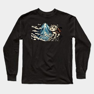 Vintage Japanese Art Sports Hiker Mountain Climbing Cat Long Sleeve T-Shirt